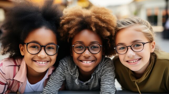 Three children, two girls with afro hair and a boy with glasses, smiling together.