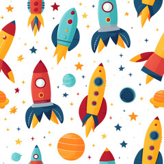 Seamless pattern design of a cartoon space shuttle with planets and stars.