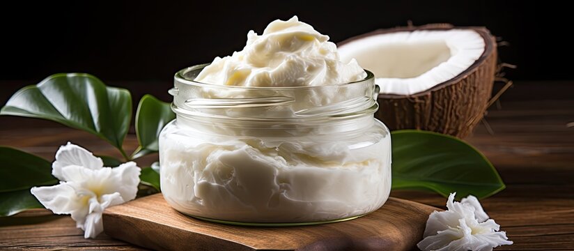 Creating bodywhip also called body butter a moisturizing cream for skincare Ingredients displayed on a wooden background shea butter coconut oil essential oils Packaged body foam butter in a