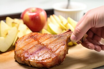 hand showcasing a brushed apple sauce pork chop ready for the grill