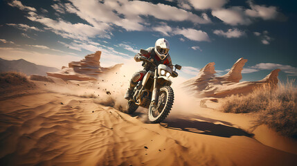 un pilote sur une moto pendant une cousre dans le désert - obrazy, fototapety, plakaty