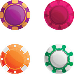 Casino chip icons set cartoon vector. Four colorful poker chip. Equipment of gambling