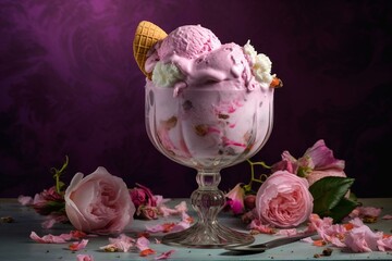 a big ice cream with rose icing and sweets. Generative AI