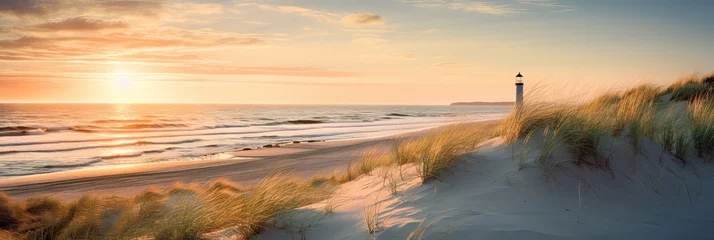 Papier Peint photo Coucher de soleil sur la plage Golden sands and coastal bliss. Summer paradise. Seaside serenity. Sunset over coastal dunes. Nature beauty. Sandy beaches and clear blue skies