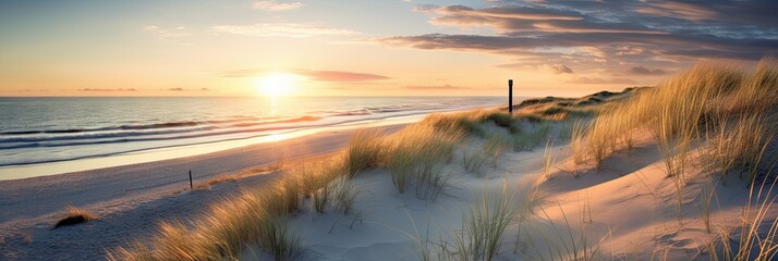 Golden sands and coastal bliss. Summer paradise. Seaside serenity. Sunset over coastal dunes. Nature beauty. Sandy beaches and clear blue skies - obrazy, fototapety, plakaty