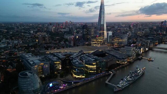 Night aerial view of The Shard skyscraper in London, United Kingdom