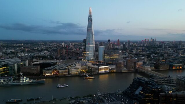 Night aerial shot of The Shard skyscraper in London, United Kingdom