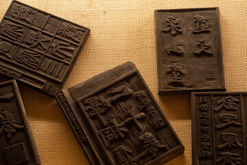 Ancient Chinese woodblock printing board, ancestor of printing press technique from China