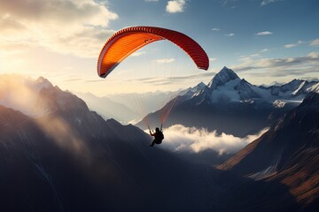 Paragliding with Para-motor at sunset mountain with amazing view Generative AI