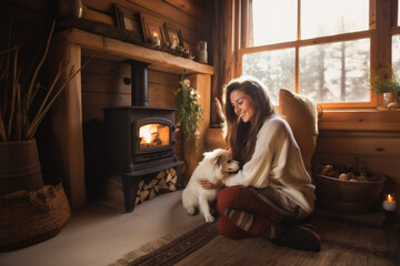 Young woman sitting by the fireplace with a cute dog at cozy wooden cabin