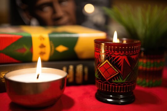 kwanzaa literature near a filled unity cup and a kinara