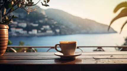 coffee cup on a wooden table in beautiful sea view - obrazy, fototapety, plakaty