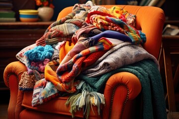 a pile of colorful blankets on a cozy armchair