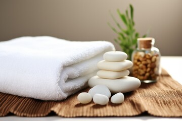 Fototapeta na wymiar view of white towel, soap, and reflexology pebbles