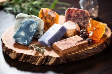 various natural soaps on a wooden board