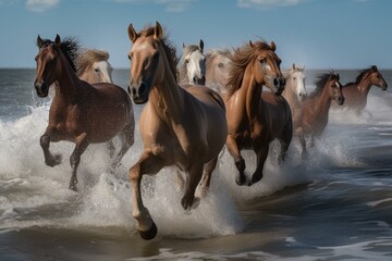 Fototapeta na wymiar A herd of equines galloping in the ocean waves on a shore. Generative AI