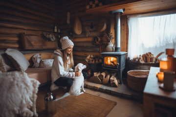 Young woman sitting by the fireplace with a cute dog at cozy wooden cabin - obrazy, fototapety, plakaty