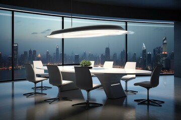 Spacious meeting room with white oval conference table, black chairs, panoramic city background, and dark glossy floor. Generative AI