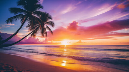 Fototapeta na wymiar Beautiful sunset tropical beach with palm tree and pink sky, AI Generative.