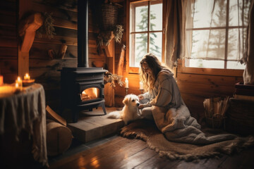 Young woman sitting by the fireplace with a cute dog at cozy wooden cabin