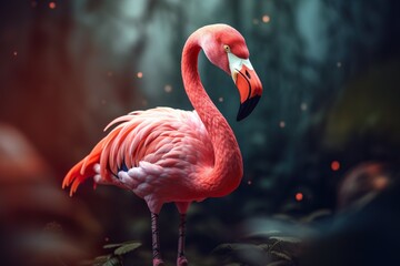 Pink flamingo in the forest. Wildlife scene from tropics 3d render