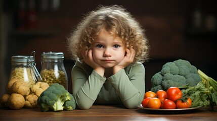 Fototapeta premium A little girl pondering amidst a vegetable spread