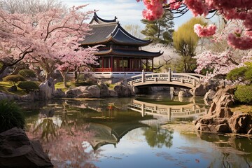 Floral Chinese garden in spring. Generative AI
