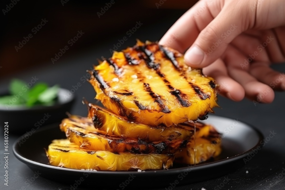 Sticker hand a portion of golden grilled pineapple for tasting