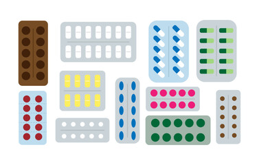 Set of different medical pills, medicine, medicaments. Vector illustration isolated on white background