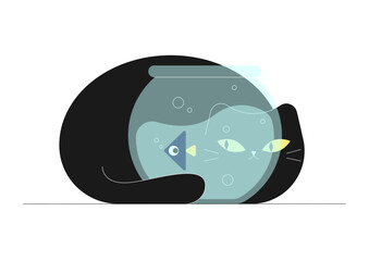 Cat looking through aquarium glass playing with fish. Cute cartoon kawaii funny cat character. Vector illustration