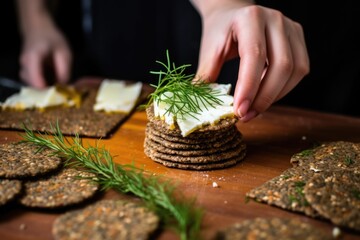hand picking up a rye cracker topped with cheese and herbs - obrazy, fototapety, plakaty