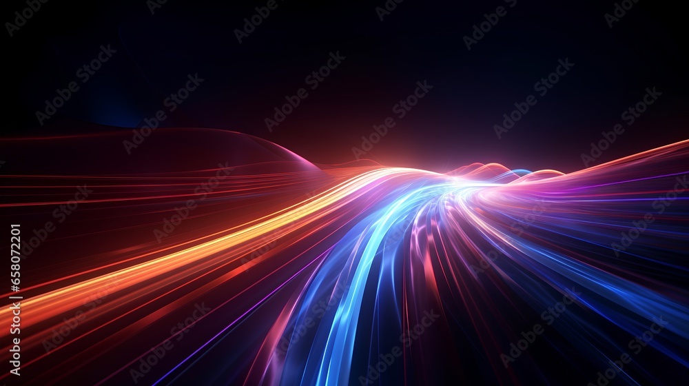 Poster data speed lines on a dark background, representing the concept of optical cables and high internet 