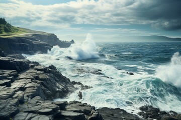 Scenic ocean view with cloudy sky, crashing waves against rocky shore. Generative AI
