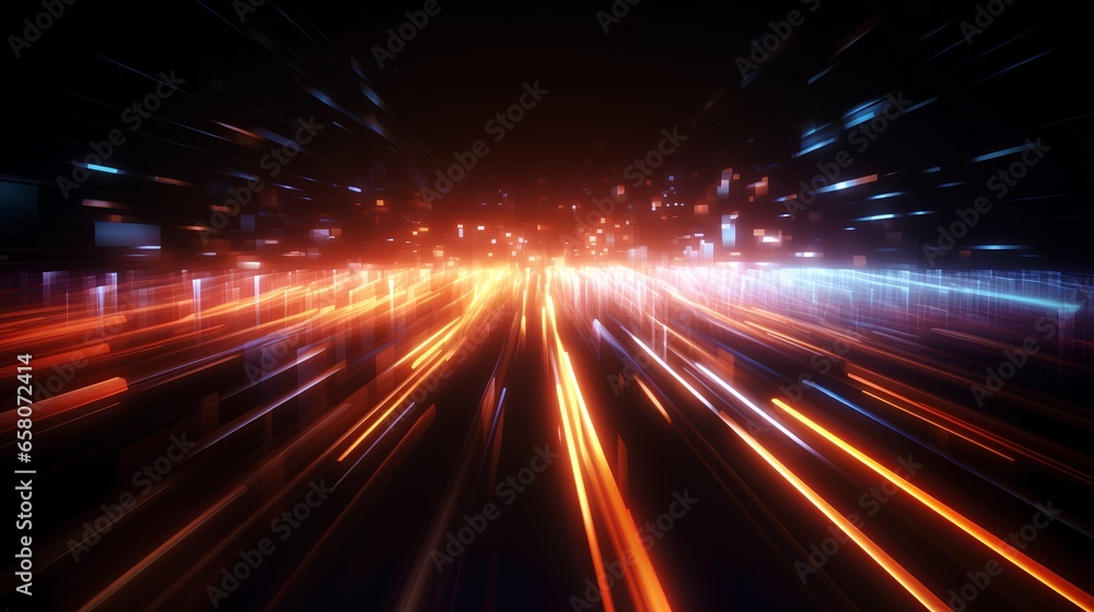 Poster data speed lines on a dark background, representing the concept of optical cables and high internet 