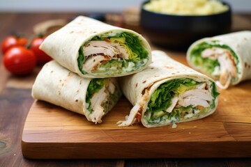 chicken caesar wrap neatly sliced and displayed on a warm wooden board