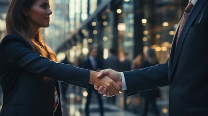 A confident handshake between two business professionals in a city.