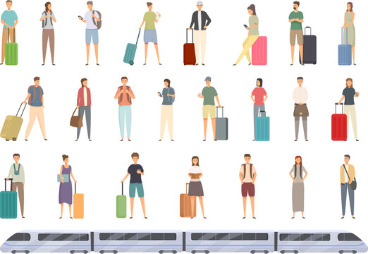 Traveling by train icons set cartoon vector. Station driver. Line