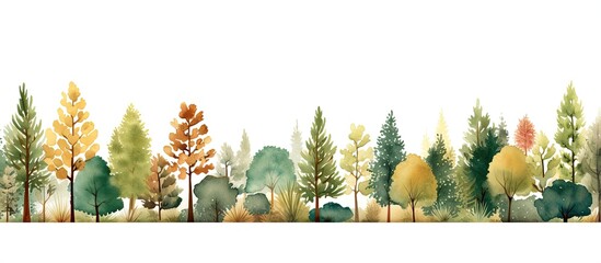 Childlike forest illustration with watercolor coniferous and deciduous trees
