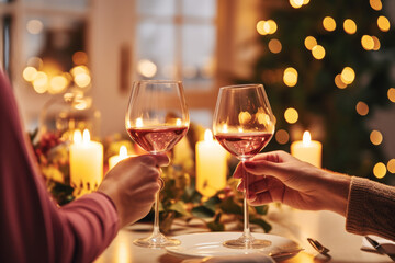 Close up of two people toasting with christmas champagne glasses in a warm home. Fireplace decorated with Christmas lights in the background