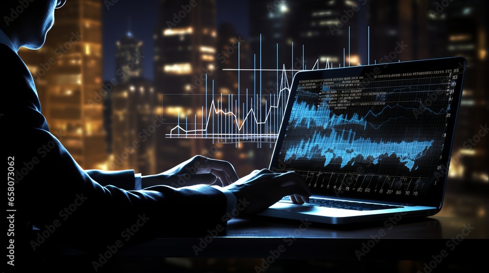 Poster professional businessman analyzing data on a modern computer, examining business graph trends
