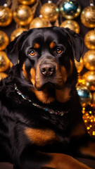 Obraz premium Christmas photo of a Rottweiler. New Year's dog.