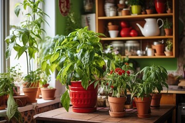 a chili pepper plant alongside other indoor herb plants in the kitchen