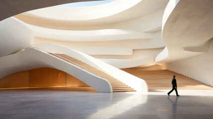 grand hall avec escalier, moderne aux courbes épuré, architecture moderne et futuriste