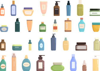 Organic skincare products icons set cartoon vector. Cosmetic beauty. Nature fresh