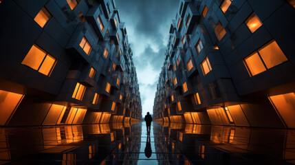 perspective d'une rue entre deux bâtiment moderne et illuminés sous un ciel d'orage