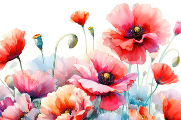 Obraz premium Watercolor poppies flowers background, abstract floral pattern
