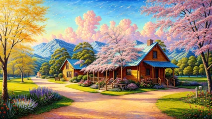 Poster Im Rahmen Oil painting on canvas summer landscape with wooden old house, beautiful flowers and trees. © Cobalt
