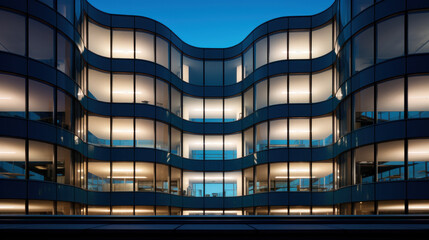 façade de bureaux modernes avec de grandes baies vitrés, illuminé par éclairage intérieur - obrazy, fototapety, plakaty