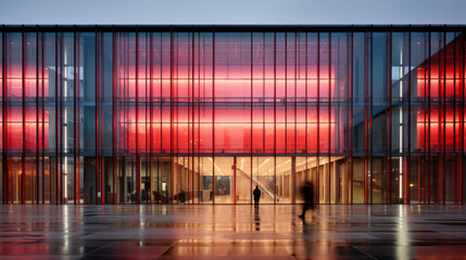 façade de bureaux modernes avec de grandes baies vitrés, illuminé par éclairage intérieur