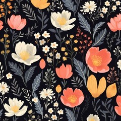 Seamless pattern with flowers on dark background. Hand drawn vector illustration. Texture for print, fabric, textile.